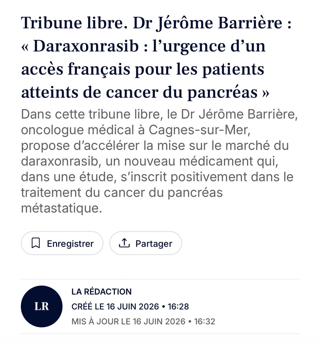 barriere_dr's tweet photo. Première annonce de l’efficacité du #daraxonrasib dans les cancers du pancréas ?
▪️avril 2026
Présentation au congrès ASCO et publication dans le NEJM ?
▪️fin mai 2026
Des centaines d’articles dans le monde 
Enfin de l’espoir 

Date annoncée d’accès pour les patients en France ?

▪️fin 2027

18 mois d’attente 🥵

Mon alerte dans @Nice_Matin car la plupart des patients d’aujourd’hui ne verront jamais ce traitement 
C’est d’une cruauté sans nom !

https://t.co/pkDmjsiC27