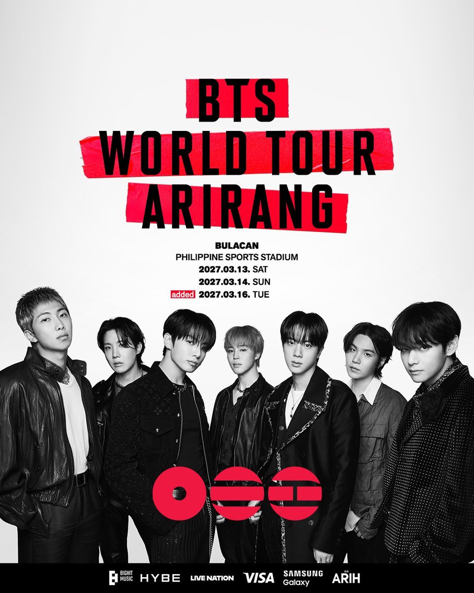 ABSCBNNews's tweet photo. JUST IN: BTS adds third show to the Bulacan stop of their “Arirang” tour, happening on March 16 at the Philippine Sports Stadium. (📷: Live Nation PH) | via @jaehwabernardo https://t.co/wke1v6AAMK