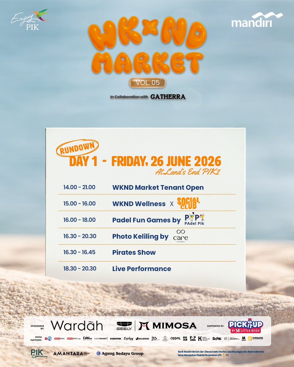 updateharian's tweet photo. WKND MARKET VOL. 5 IS BACK!

Saatnya seru-seruan lagi di pinggir pantai! 
Cocok banget buat quality time bareng keluarga, teman, atau pasangan.

📅 26–28 Juni 2026
📍 Land's End PIK 2 (Area Lighthouse/Mercusuar)

See you at WKND Market Vol. 5 

#pik
#wknd
#updateharian
#jakarta https://t.co/ZVwUISqpPu
