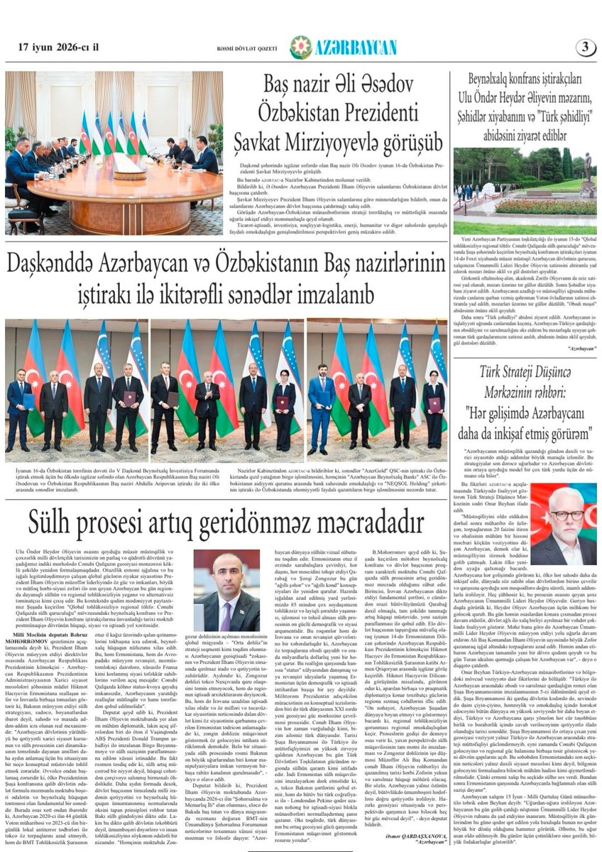 BahruzMaharram2's tweet photo. Möhtərəm Prezidentin təşəbbüsləri üzərində və Onun liderliyində formalaşan Cənubi Qafqazın yeni sülh reallıqlarını "Azərbaycan" qəzetinin bugünkü sayı üçün şərh etmişik. 

Ətraflı, 
https://t.co/G2sQmD1VHG https://t.co/39MzHtvlUj