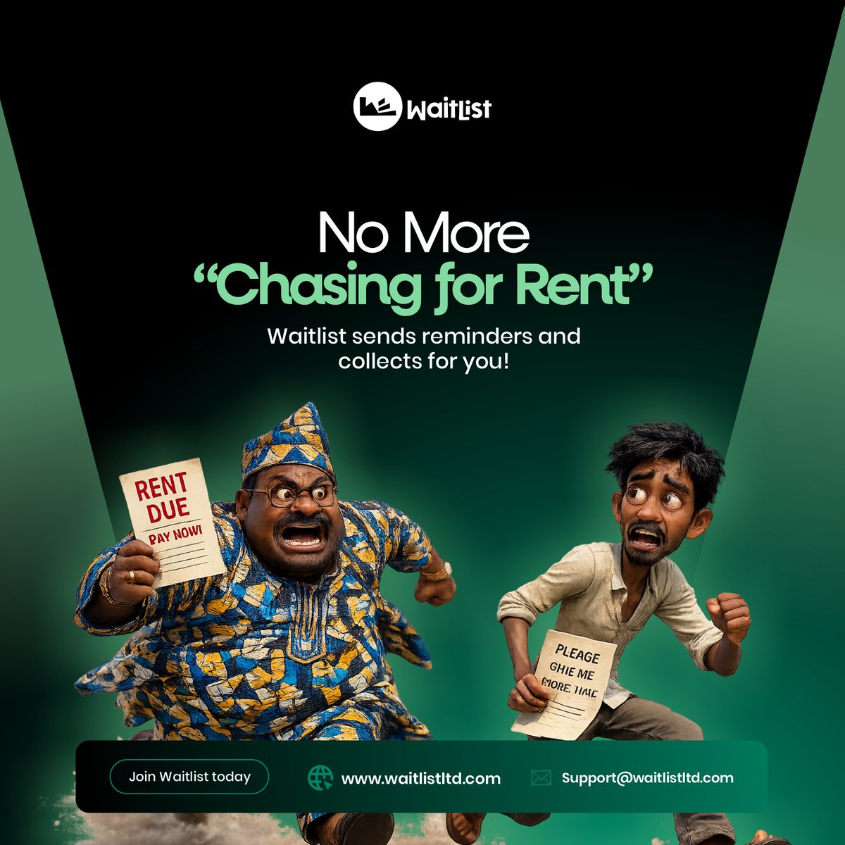 WaitlistLtd's tweet photo. Oga landlord, your rent is due again, but what if you don't need to chase?

Yes, let Waitlist handle your rent collection.  No crazy fee.

Send "COLLECT" to learn how. https://t.co/vfgAfeKyXh