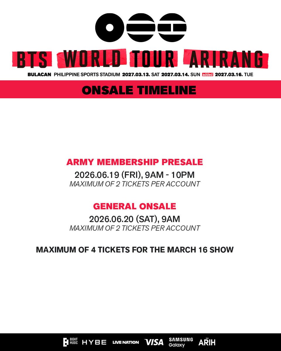 PhilippineStar's tweet photo. WISH GRANTED, ARMY! BTS IN BULACAN DAY 3! 🥹✨

Live Nation Philippines announced on Wednesday the third day of BTS’ “Arirang” concert in Bulacan.

The added show is set on March 16, 2027 at the Philippine Sports Stadium.

ARMY presale will be on June 19, 2026, while the general onsale will be on June 20, 2026. (Facebook/Live Nation)