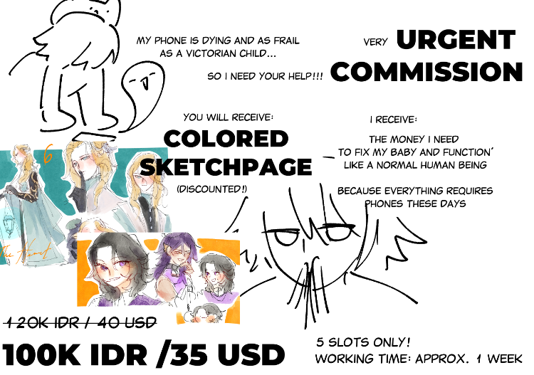 velleitas_'s tweet photo. RT + ❤️ is very appreciated!
(very) URGENT COMMISSION OPEN!

My 8 year old phone decidedly wanting to kick the bucket (it's dying), and need to replace its screen + battery. I'll need 500k estimate for fixing it by a week before chbcn hits.

More info below ⬇️ https://t.co/wEciWeXmwS