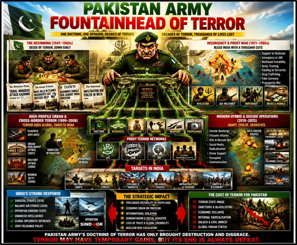 thunderbolt4326's tweet photo. Pakistan Army’s long-standing doctrine of terror, spanning from 1947 tribal invasions to Pulwama and Pahalgam, highlights systematic support of proxies against India. While destabilizing, these actions always encounter resistance #PakArmyTerrorHub #PakGlobalTerror https://t.co/A28fT95hRE
