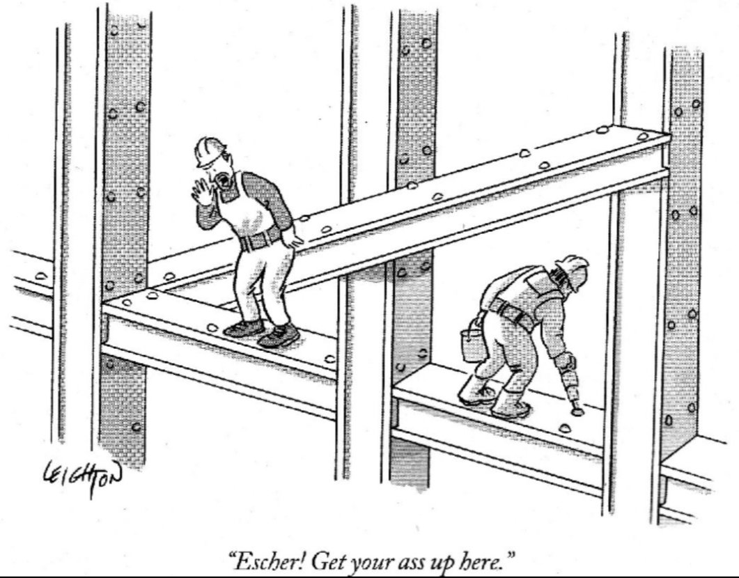 bibliofilie's tweet photo. Geboortedag M.C. Escher (1898-1972). De tekenaar van de cartoon is Robert Leighton. https://t.co/pkSioNXqW3