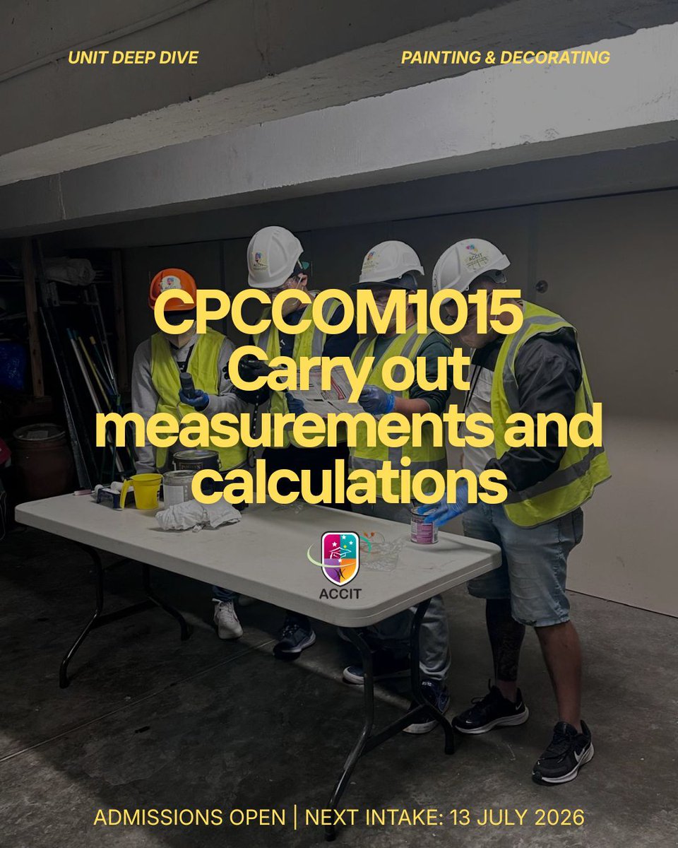 Accit_Aus's tweet photo. Unit Deep Dive | CPCCOM1015 – Carry Out Measurements and Calculations

Accurate measurements are essential in every construction and painting project.
Strong practical skills begin with getting the measurements right.

📅 Next Intake: 13 July 2026
Enquire now https://t.co/BdS1O78Jy7