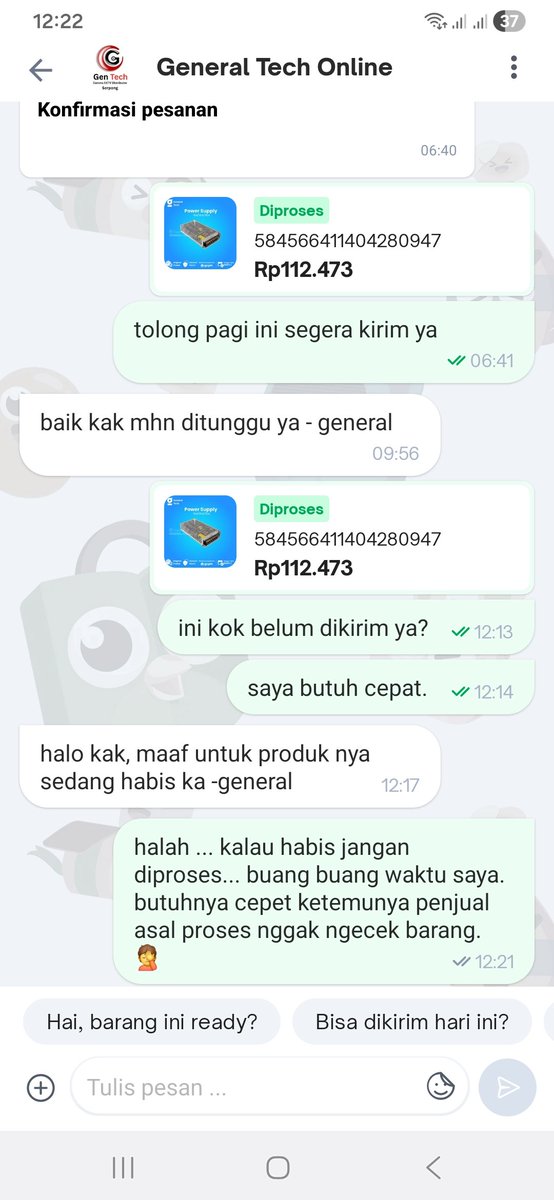 geerje's tweet photo. @tokopedia Buang buang waktu belanja di tokopedia, butuh cepet ketemu penjual zonk. Maen autoproses tapi belakangan ngaku barang habis. Terlalu banyak penjual ngawur gini di tokopedia. https://t.co/tzvBn2Yjyt