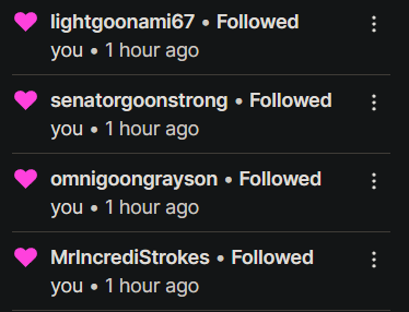 HazyDazeASMR's tweet photo. I had the four horsemen of the goonacalypse follow me within 5 minutes of each other last stream 🤣🤔 https://t.co/Qg6LU5bmEH