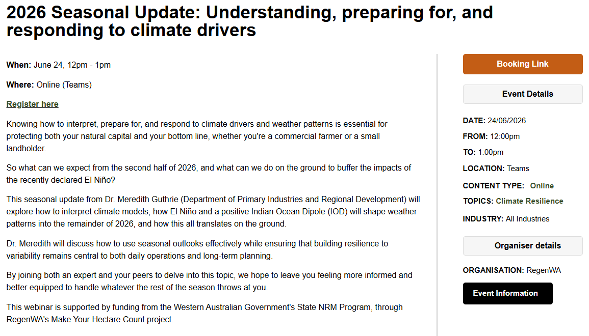 MeredithGuthr15's tweet photo. Webinar next week for @RegenWa where I will talk about climate drivers and the spring outlook. @DPIRDbroadacre #climate
https://t.co/EONalAi4Bl https://t.co/e96PTGW5mi