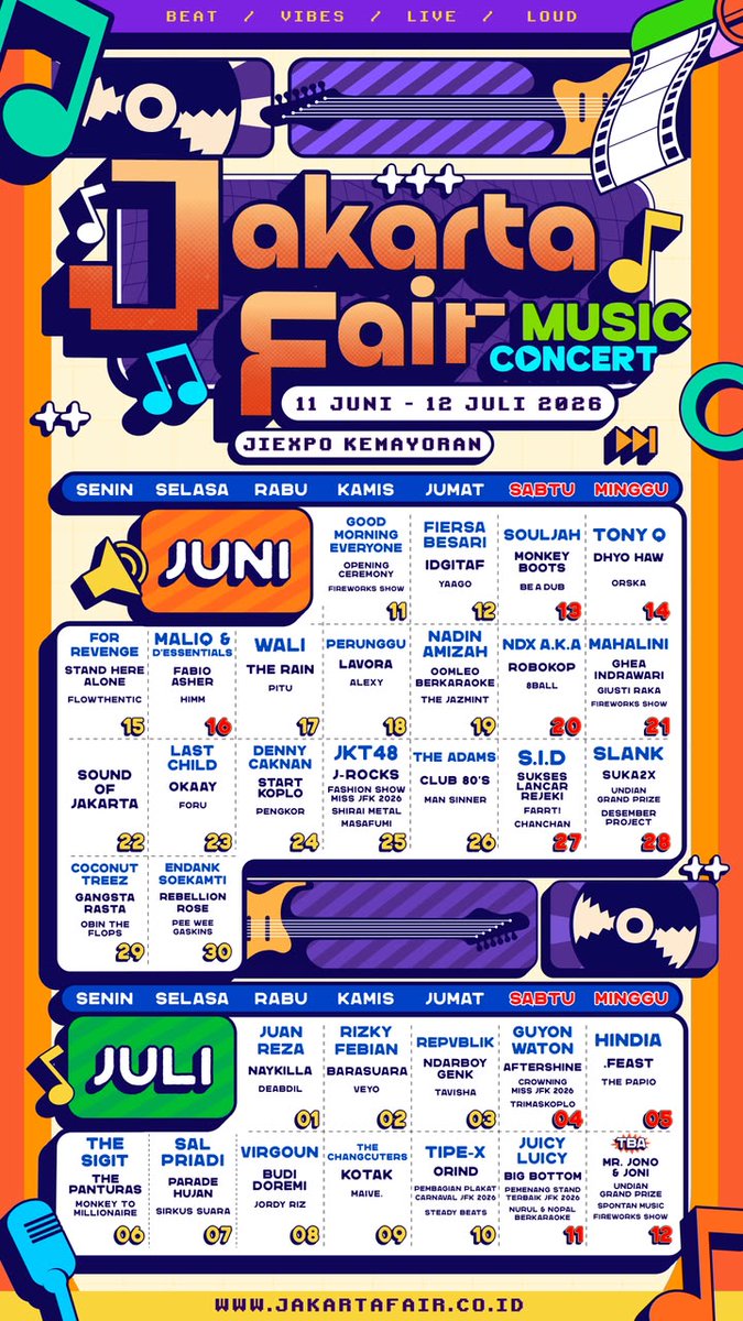 JakartaFairID's tweet photo. LINE UP JFK Music Concert 🔥🎶

Langsung checkout tiketnya di https://t.co/xxTPRSllnb Ya Sobat JFK!

#JakartaFairMusicConcert #JakartaFair2026 #JFK2026 #JakartaFair2026 https://t.co/3bTBrs0c5W
