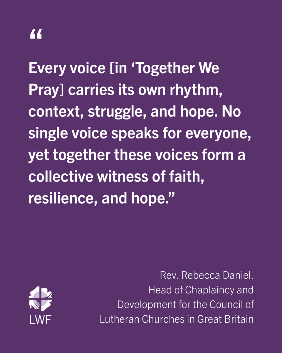 lutheranworld's tweet photo. Together We Pray

“Every voice [in ‘Together We Pray] carries its own rhythm, context, struggle, and hope. No single voice speaks for everyone, yet together these voices form a collective witness of faith, resilience, and hope,” said Rev. Rebecca Daniel speaking at the launch of a new LWF women’s prayer book.

Woven around the words of the Lord’s Prayer, it includes sections on birth and creation, peace and reconciliation, interreligious and intergenerational solidarity, healing and racial justice.

Available to download in English, German, French and Spanish, with Portuguese and Swahili coming soon: https://t.co/gDUKwzdgK7

#LutheranWorld #LWFWomen #GenderJustice #TogetherWePray