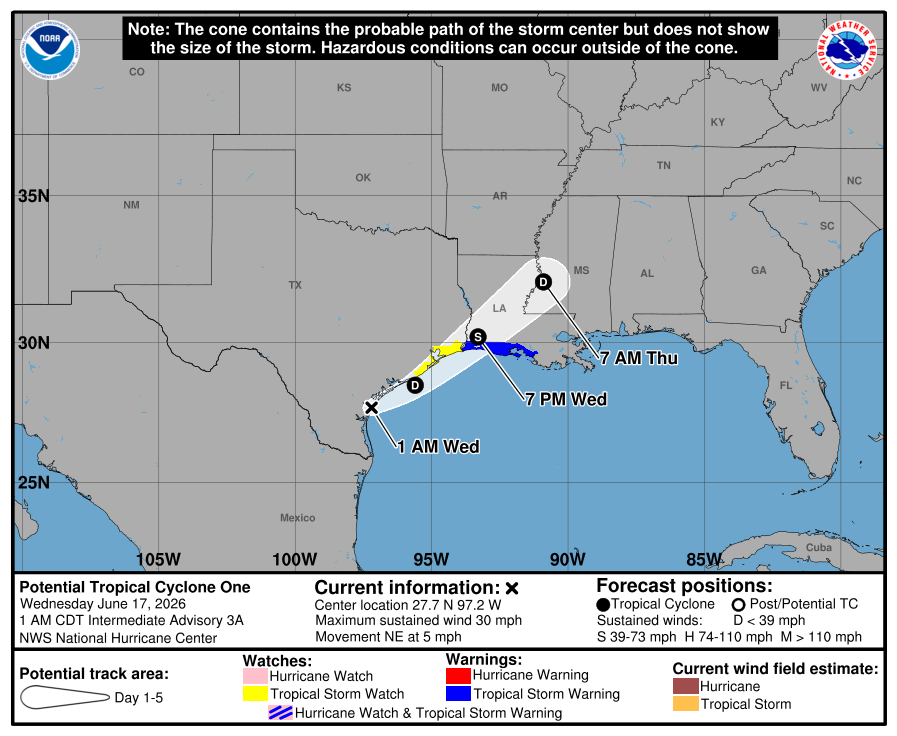 atlanticstorms's tweet photo. #POTENTIALTROPICALCYCLONEOne [Speed Decr] Heading NE @ 5 mph. Wind @ 30 mph. Location N:27.7 W:-97.2 #Hurricane #One Messi https://t.co/IuMxUcmz90