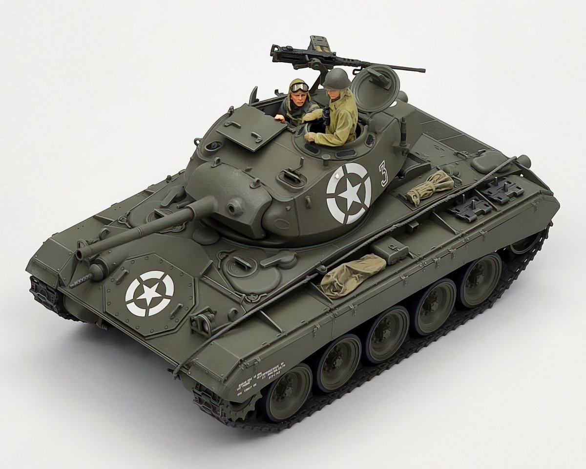 TAMIYA_TOKYO's tweet photo. 🆕《#tamiya_tokyo 新製品情報》
7月発売予定『1/35 アメリカ軽戦車 M24 チャーフィー (ヨーロッパ戦線)／￥4,400』です。

第二次大戦後期に活躍したアメリカ軽戦車「M24 チャーフィー」が、ヨーロッパ戦線仕様で1/35スケールモデル化！

✅全長159mm
✅砲塔前面や防盾の鋳造肌、溶接模様も繊細に表現
✅車体後部ラックにはエッチングパーツをセット
✅履帯は組み立てやすい連結式
✅車長・装填手の半身像2体付き
✅イタリア戦線＆ドイツ国内戦仕様のデカール3種類付属

レジ前ショーケースでは完成品を展示中。ぜひご覧ください😊

——————————————————

📢《開催中｜TAMIYA TOKYO 2周年企画》
TAMIYA PLAMODEL FACTORY TOKYOは、オープン2周年記念のイベントを開催中。

✅「トヨタ セリカ GT-FOUR(ST185)」実車展示
✅ハズレなし！2周年記念スピードくじ
✅歴代パッケージを振り返る「タミヤボックスアート展」

など、盛りだくさんの内容でお待ちしています。

ぜひこの機会にTAMIYA TOKYOへお越しください！

📅開催期間：7月14日(火)まで