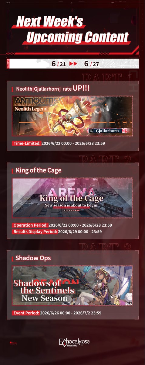 Echocalypse_SEA's tweet photo. ▷Next Week's Upcoming Content◁
Dear Awakeners, today we will introduce you the rotation content during Jun 21 - Jun 27.
※The mentioned content is subject to changes. Please refer to the in-game announcement for finalized details.
#Echocalypse https://t.co/Ay0ekBdWhf