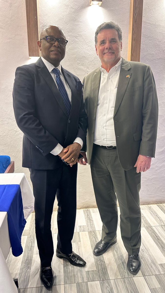 USEmbassyBW's tweet photo. 🇺🇸🇧🇼 While in Francistown last week, U.S. Ambassador Howard Van Vranken held a meeting with Wynter Mmolotsi, the Minister of Environment and Tourism, reaffirming the strong and enduring partnership between the United States and Botswana. 

The two discussed shared priorities in environmental conservation, sustainable tourism development, and the protection of Botswana's world-renowned natural heritage — from the vast Okavango Delta to the iconic wildlife of the Kalahari.