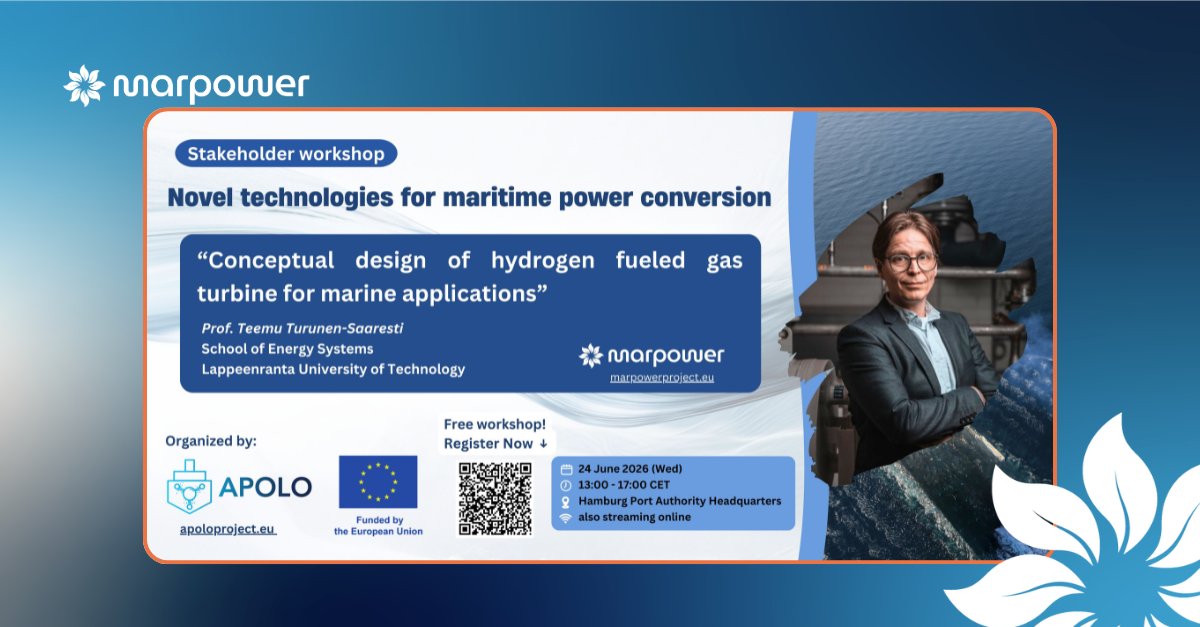 MARPOWERproject's tweet photo. 🚢 Prof @TeemuTS from @UniLUT will represent #MARPOWER_EU at the #APOLOProject Stakeholder Workshop, presenting the project's work on hydrogen-fuelled gas turbines for #maritime applications.

⚓ https://t.co/AidPpL07E0

#Sustainability #CleanEnergy #MaritimeIndustry #NetZero https://t.co/8w5vnBvrkt