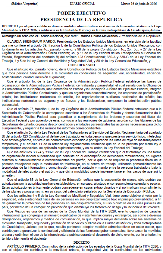 LRCUrielAngeles's tweet photo. ⚽ Publicado hoy en el DOF: medidas especiales por el Mundial 2026. 

CDMX: 17 junio salida presencial 15:00 hrs y 24 junio teletrabajo total. 

Zona Metropolitana de Guadalajara: 18 junio teletrabajo total. 

También habrá suspensión de clases en fechas específicas. 🏛️🌎 https://t.co/p5mXU68UNd