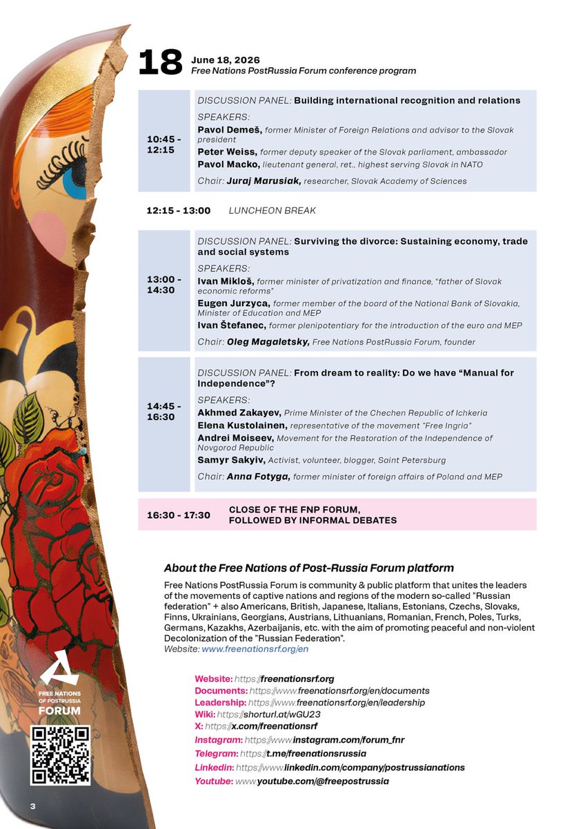 freenationsrf's tweet photo. Already tomorrow, on Thursday 18.06.26 (today, June 17, series of off-the-record non-public meetings with Slovak politicians) public part of the nearest Free Nations #PostRussia Forum: "Can post-Russia states learn from Czechoslovakia´s „Velvet divorce "?🇨🇿🇸🇰 Lessons learned for peaceful dissolution of the Russian empire" in #Bratislava🎯
Among the topics of public discussions will be 👇
- Undesired child: politics and sociology of #Czechoslovakia´s split
- Building international recognition and relations
- Surviving the divorce: Sustaining economy, trade and social systems
- From dream to reality: Do we have “Manual for
Independence”?💪

#MakeMoscoviaSmallAgain ✌️
#DecolonizationRF
#MoscoviaDelendaEst 🔥