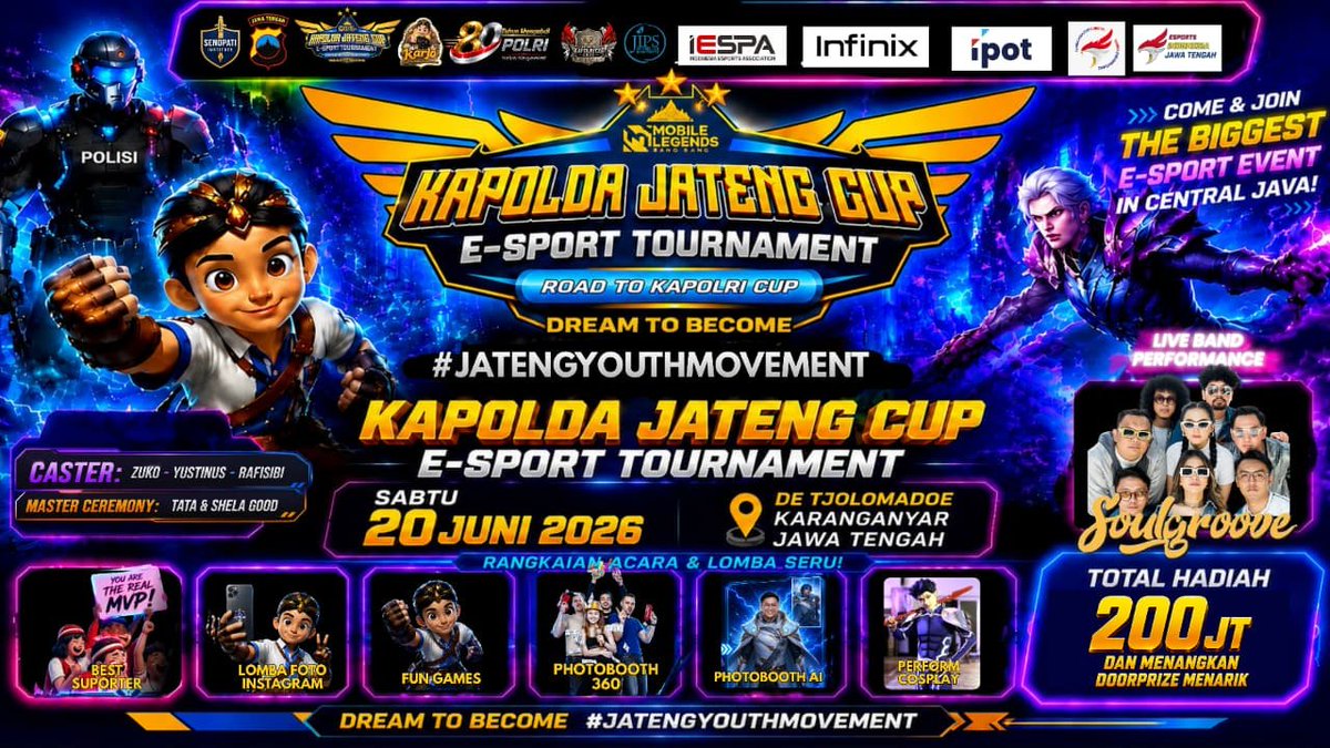 GesiSarno's tweet photo. Siaran Berita
Bidang Humas Polda Jateng
Selasa, 16 Juni 2026

*Bukan Sekadar Kejuaraan, Turnamen E-Sport Kapolda Jateng Cup 2026 Suguhkan Cosplay, Meet &amp; Greet, Food Festival hingga Pelayanan Kesehatan Gratis* https://t.co/xxsGY0QmbV