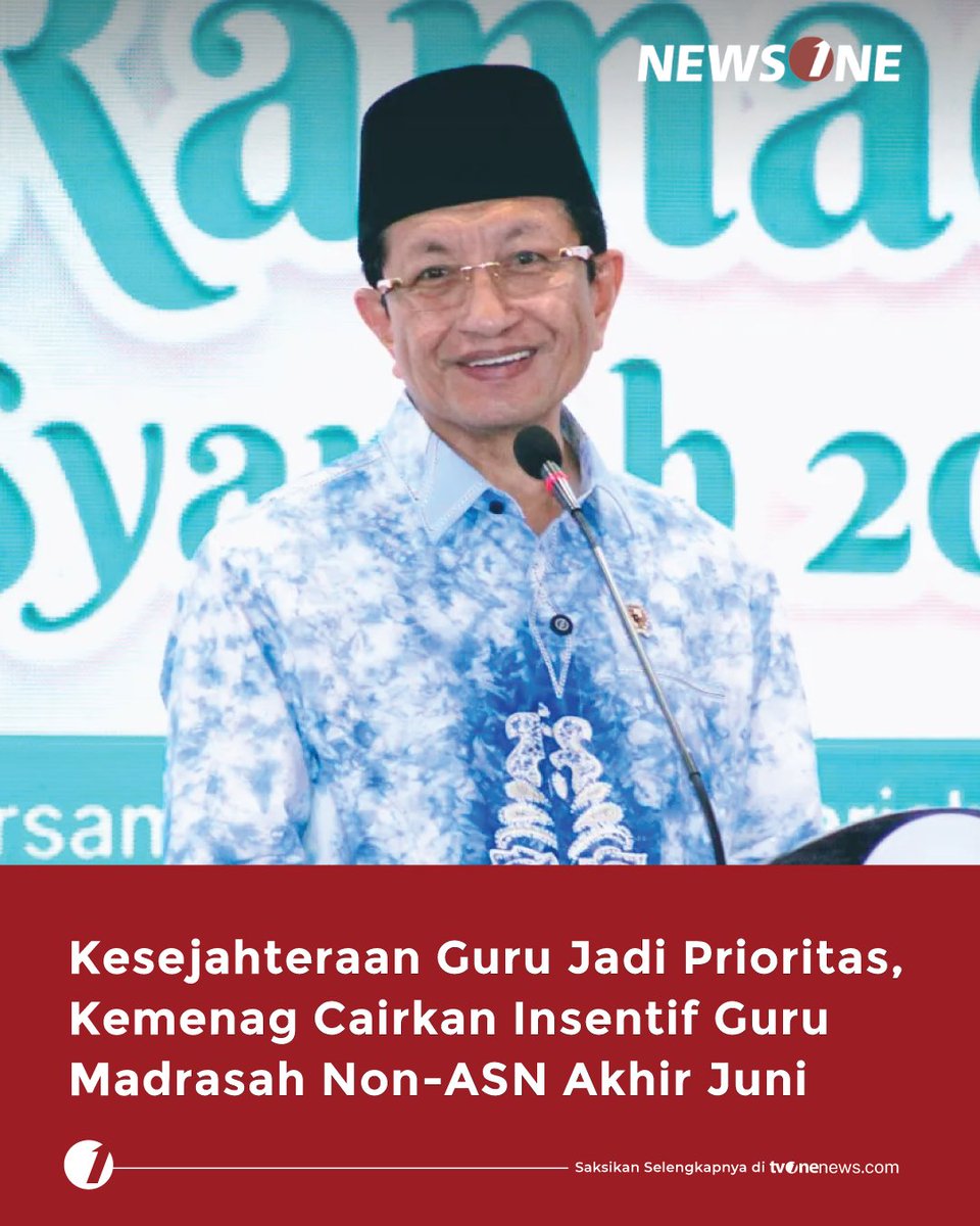 tvOneNews's tweet photo. Kementerian Agama memastikan insentif bagi guru madrasah non-ASN akan mulai dicairkan pada akhir Juni 2026.
Simak selengkapnya di https://t.co/i2iVnQzsot
#HardNews_Sosial #NewsOne #CariBeritaditvOne #Guru #Kemenag #GuruNonASN #NO02 https://t.co/s4oDIHAE5c