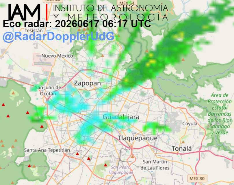 RadarDopplerUdG's tweet photo. El Radar Doppler registra #lluvia ligera a moderada hacia #Barranca de Huentitán, #ColoniaIndependencia, #FloresMagon. Y #lluvia ligera por #MercedesCelis y Zona #CUCEI. También se presenta llovizna en #Zapopan Universidad y Zona #CruzdelSur. Continua la vigilancia meteorológica. https://t.co/Pbl4OXs4jx