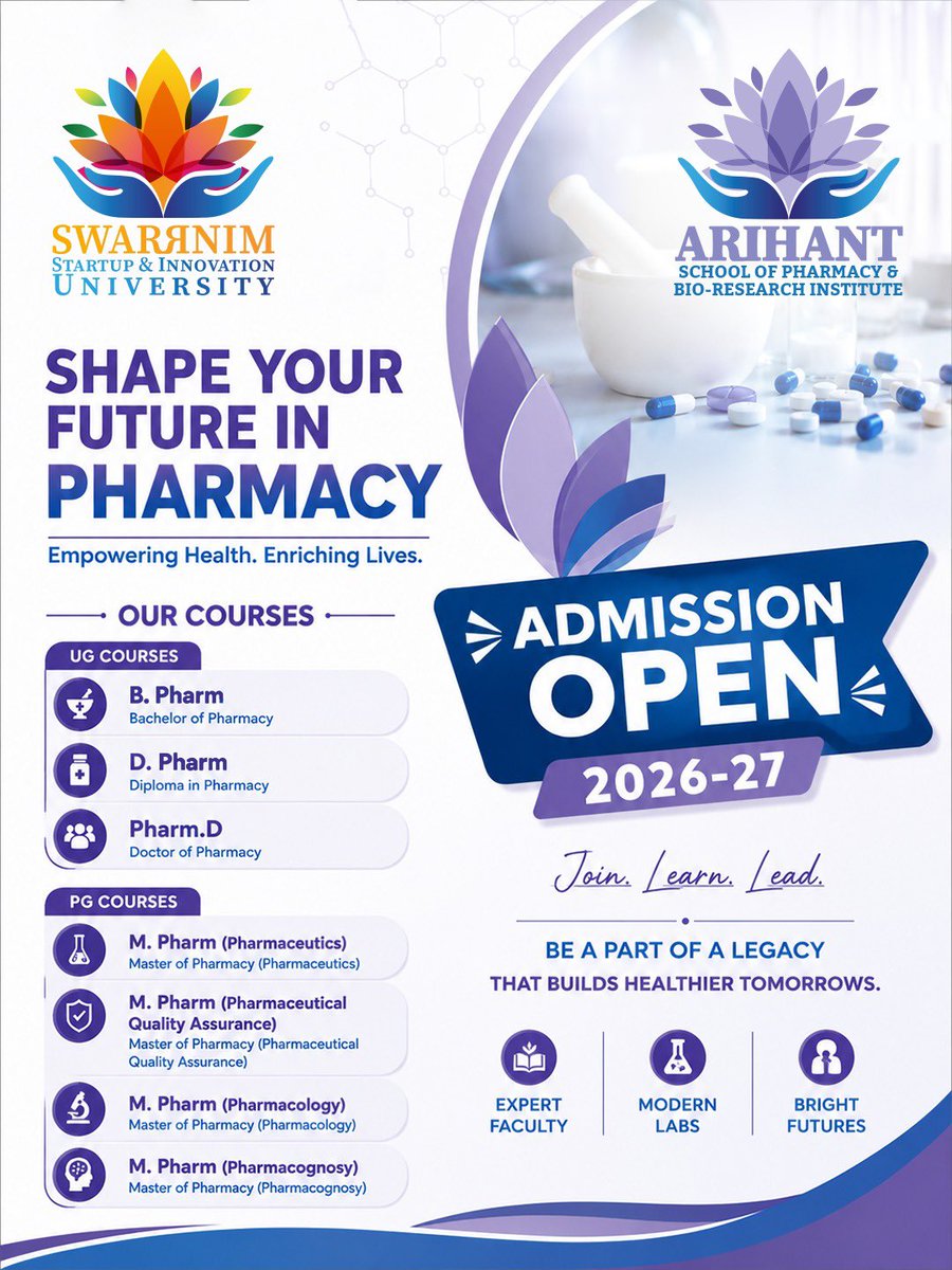 SwarrnimUni's tweet photo. Shape your Future in Pharmacy with Arihant School of Pharmacy & Bio-Research Institute at Swarrnim Starup and Innovation University
๐ข Admissions Open 2026-27
#ArihantSchoolOfPharmacy #PharmacyAdmissions #MPharm #BPharm #SwarrnimUniversity https://t.co/HnOENYZuZT