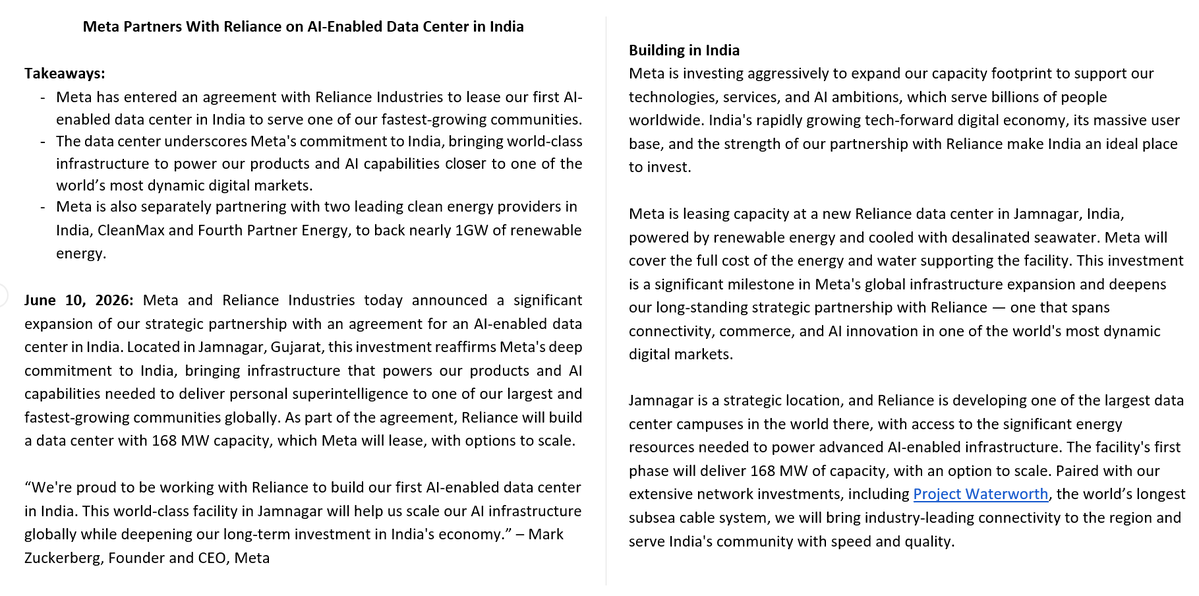 ANI's tweet photo. Meta says it has entered an agreement with Reliance Industries to lease their first AI-enabled data center in India in Jamnagar, Gujarat.

As part of the agreement, Reliance will build a data center with 168 MW capacity, which Meta will lease, with options to scale, says Meta.

"We're proud to be working with Reliance to build our first AI-enabled data center in India. This world-class facility in Jamnagar will help us scale our AI infrastructure globally while deepening our long-term investment in India's economy.” – Mark Zuckerberg, Founder and CEO, Meta
