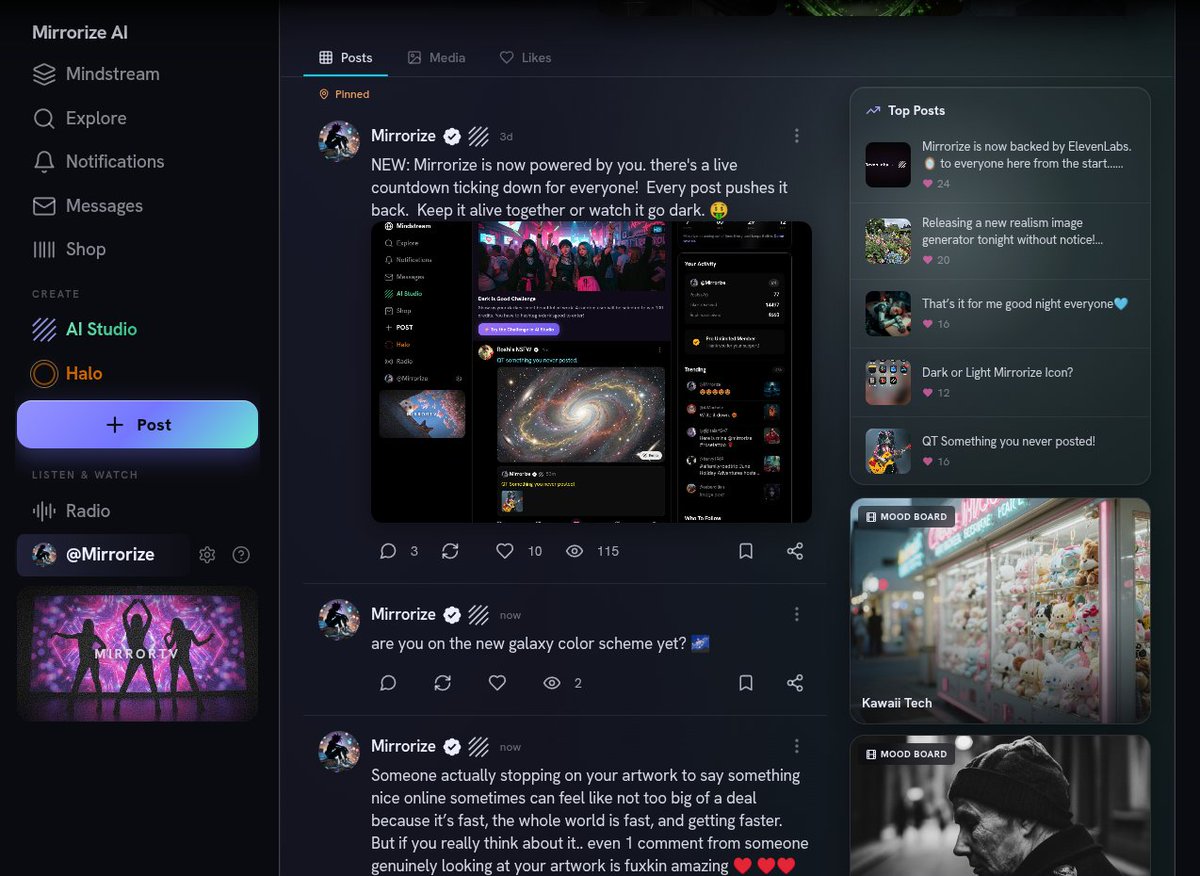 mirrorizeai's tweet photo. The future of AI is beautifully shared creations.  Top Moods and Radio all going in to your profile LFG!

Mirrorize V2 and Yume V2 are currently training.  The vibes are insane right now,  name a better place to be on the internet besides MIRRORIZE AI!  

❤️❤️❤️ https://t.co/0fXrSbys2A