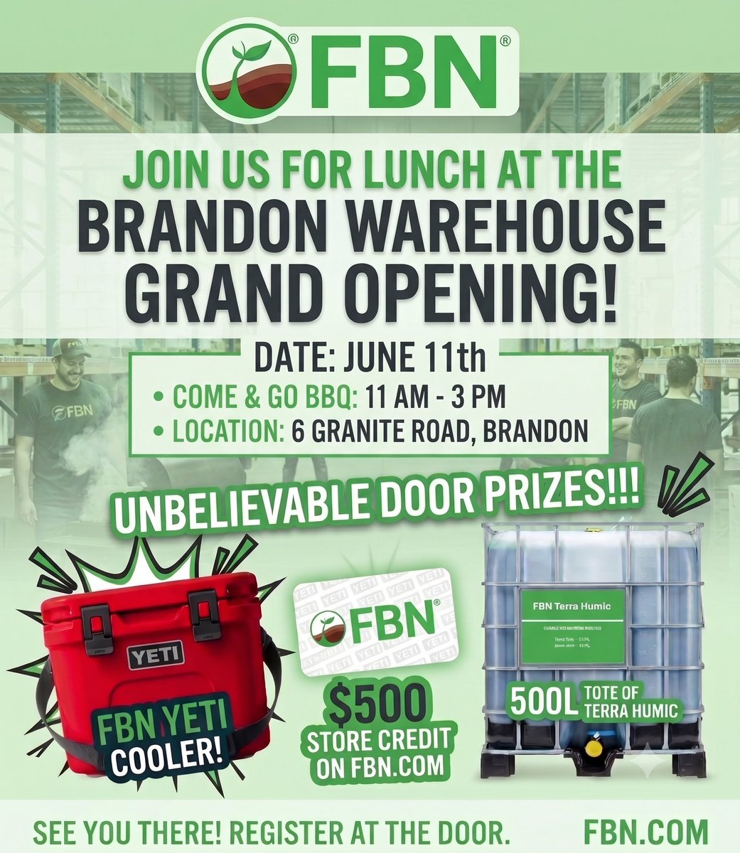 FBNFarmersCAN's tweet photo. Celebrate our Brandon Warehouse Grand Opening!
Can’t make it to 6 Granite Rd on June 11? Order on https://t.co/kwNz2zpnFT on June 11th to enter to win a YETI cooler, $500 credit, or a 500L Terra Humic tote! 🚜🍔
#BrandonMB #CdnAg #ManitobaAg #FBN #WestmanFarming https://t.co/HpWXP7tl0t