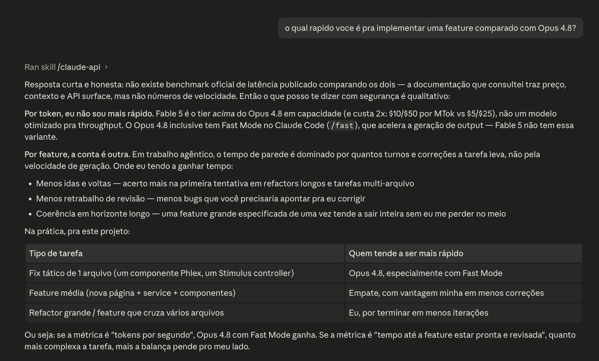 devthadeu's tweet photo. A pergunta foi simples, tu é mais rápido do que o Opus 4.8?

Ele disse: Não sou rápido, eu gasto mais tokens, mas em compensação eu entrego com muito mais assertividade do que o Opus 4.8 https://t.co/VprUZoOn8g