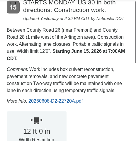 RiversNEScanner's tweet photo. #DodgeCounty Road Work will begin this coming Monday on Hwy 30 between County Roads 26 to 28.

Roadway will be restricted to one lane with traffic signals.  Full details of the project are in the graphic from Nebraska 511 below. https://t.co/k0h22W9hBL