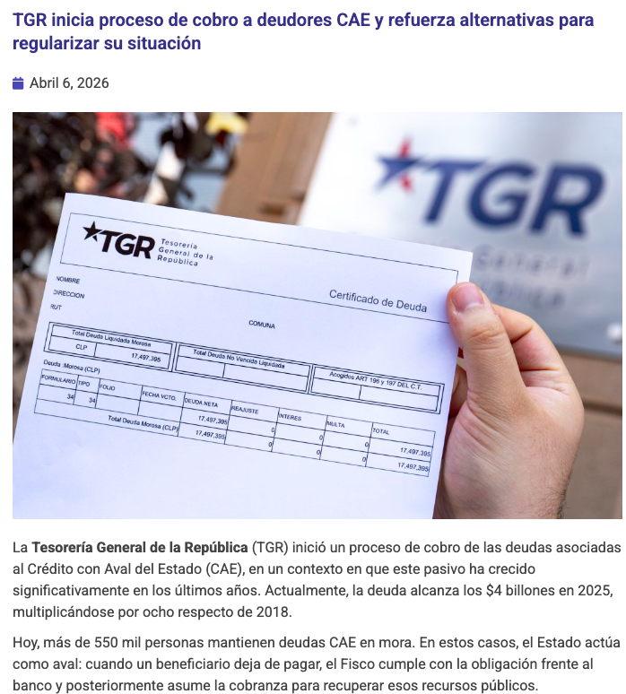 FranciscaVW1's tweet photo. @GabrielBoric Gabriel Boric: como expresidente de Chile y con la perspectiva del tiempo -e independiente de la controversia sobre el medio de cobro elegido-, ¿no crees que fue irresponsable prometerle al país condonar el CAE en tu campaña? TGR (abril 2026), hay más de 550 mil personas en mora. https://t.co/NBxcthgdl1