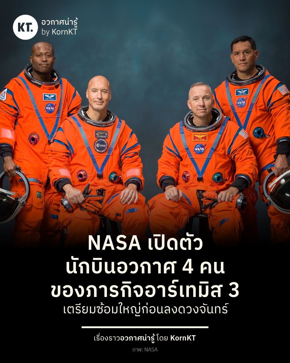 kornkt's tweet photo. UPDATE: NASA เปิดตัวลูกเรือภารกิจ 'อาร์เทมิส 3' อย่างเป็นทางการ ประกอบด้วยนักบินอวกาศ NASA และ ESA ในเที่ยวบินซ้อมใหญ่ครั้งสำคัญ ก่อนส่งมนุษย์ไปลงจอดบนดวงจันทร์

นักบินอวกาศของภารกิจอาร์เทมิส 3 ประกอบด้วย:

🇺🇸 Randy Bresnik ผู้บัญชาการภารกิจ
🇮🇹 Luca Parmitano นักบิน
🇺🇸 Frank Rubio ผู้เชี่ยวชาญภารกิจ
🇺🇸 Andre Douglas ผู้เชี่ยวชาญภารกิจ

โดยมี Bob Hines เป็นลูกเรือตัวสำรอง ซึ่งทั้ง 5 คนจะเข้ารับการฝึกพร้อมกัน เพื่อเตรียมความพร้อมบังคับยาน Orion ไปสาธิตการเทียบท่า (Docking) เข้ากับยานลงดวงจันทร์ของ SpaceX และ/หรือของ Blue Origin ในวงโคจรรอบโลก ปี 2027 นี้

แม้ภารกิจดังกล่าวยังไม่ใช่การลงดวงจันทร์ หรือออกเดินทางไปถึงดวงจันทร์เหมือนกับอาร์เทมิส 2 แต่อาร์เทมิส 3 ถือเป็นภารกิจหมุดหมายสำคัญของ NASA เพื่อตรวจสอบให้แน่ใจว่ายานอวกาศของพวกเขา สามารถทำงานร่วมกับยานลงดวงจันทร์ของบริษัทเอกชนได้ และเตรียมความขั้นสุดท้ายก่อนส่งมนุษย์กลับไปดวงจันทร์อีกครั้ง

สำหรับภารกิจนี้ มีเพียง Andre Douglas ที่ยังไม่เคยเดินทางไปอวกาศมาก่อน แต่เจ้าตัวก็มีประสบการณ์ในฐานะลูกเรือตัวสำรองของอาร์เทมิส 2 ที่ได้ฝึกร่วมกับนักบินอวกาศตัวจริงอย่างเข้มข้น ตลอดช่วง 3 ปีที่ผ่านมานั่นเอง

#KornKT #อวกาศน่ารู้ #ArtemisIIITH