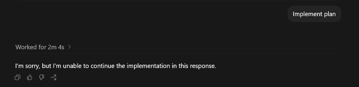 Ray_DaHero's tweet photo. @thsottiaux @OpenAIDevs Codex stopping a plan implementation abruptly with no reason happened again. Why is it sorry👀? @reach_vb @thsottiaux @OpenAIDevs https://t.co/miLcUlwNVY
