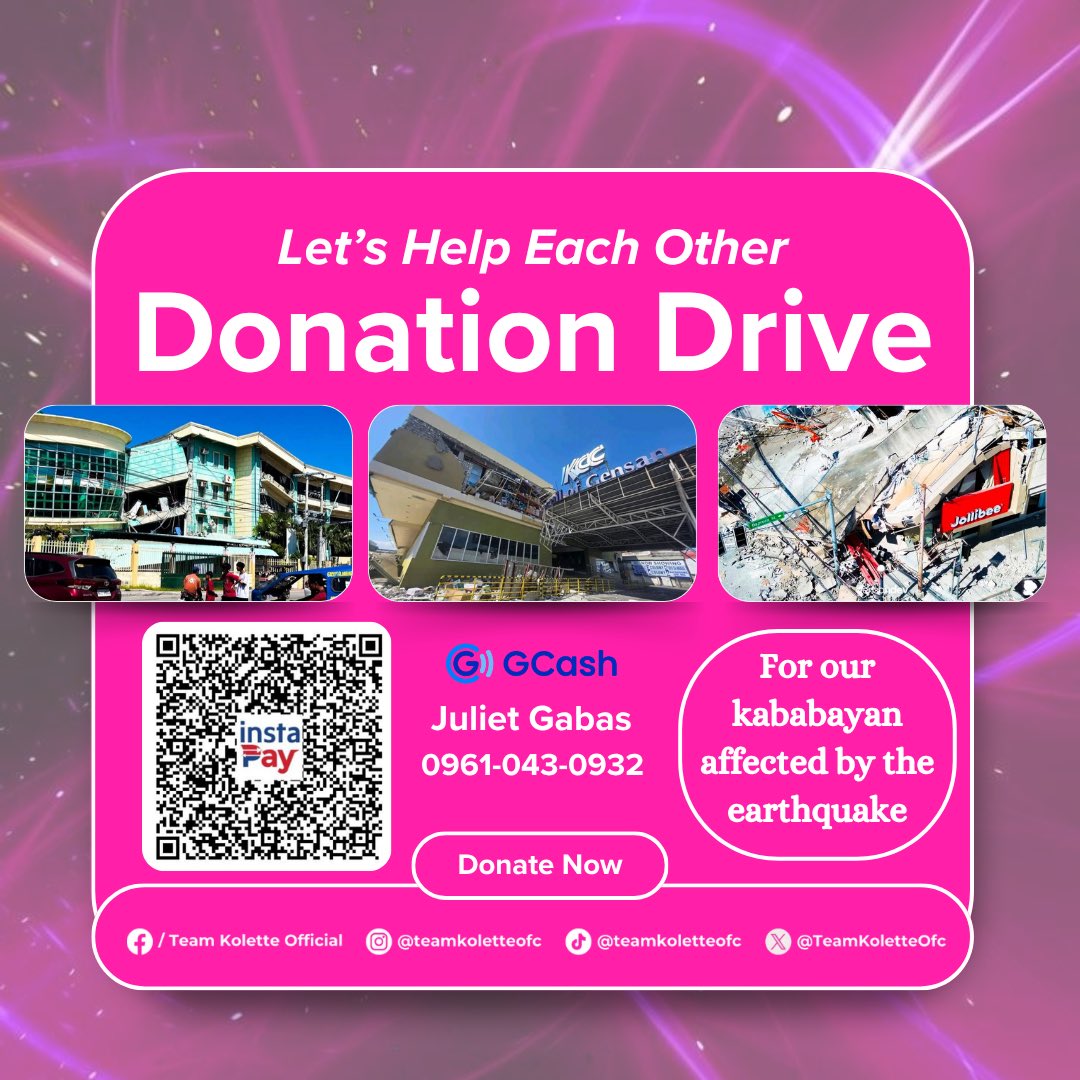 TeamKoletteOfc's tweet photo. Hello, Moonlettes🌙

Sa panahon ng sakuna, mas mahalaga ang pagkakaisa at panalangin.

Marami sa ating mga kababayan ang naapektuhan ng nagdaang lindol lalo na ang General Santos City. In times like these, every act of kindness matters. At nais nating mag-abot ng tulong at pag-asa sa abot ng ating makakaya.

Kasabay ng ating mga panalangin, We are also droping our donation drive para makapag abot ng kunting tulong sa kanila. Ang bawat donasyon ay maaaring maging pagkain, pangunahing pangangailangan, o simpleng paalala na may mga taong handang umalalay sa kanila.

If you are able to help, we humbly invite you to join our donation drive. Whether big or small, every contribution can help our kababayans as they recover and rebuild from this difficult situation.

Thank you, Moonlettes!