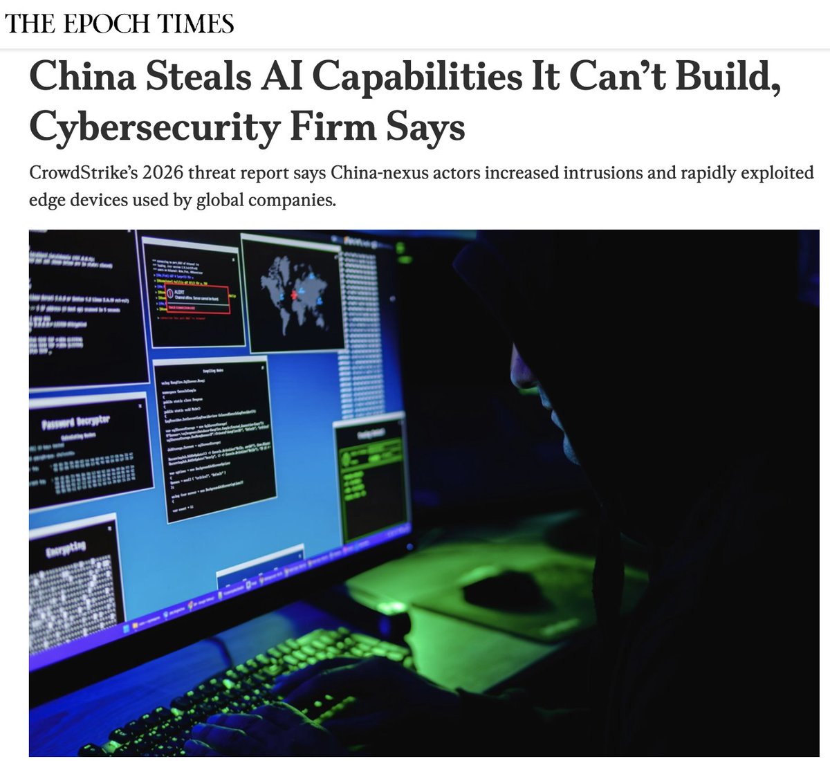 spotlightoncn's tweet photo. China Steals AI Capabilities It Can’t Build, Cybersecurity Firm Says

CrowdStrike’s 2026 Global Threat Report reveals that China-nexus cyber actors increased targeted intrusions by 38 percent in 2025.

The cybersecurity firm states these groups are accelerating attacks on corporate systems to steal artificial intelligence (AI) capabilities the Chinese regime is unable to build itself.

Adversaries frequently target internet-facing edge devices, such as VPNs and firewalls, to establish long-term intelligence collection operations.

The report notes that 67 percent of the vulnerabilities exploited by these actors provided immediate system access, with 40 percent specifically targeting edge devices.

Logistics, Telecom, Finance Targeted

These targeting patterns directly align with the Chinese Communist Party’s strategic priorities of economic espionage, technology transfer, and telecommunications surveillance.

Logistics organizations experienced the sharpest increase in attacks, surging by 85 percent to become the primary target for Chinese threat actors.

Attacks against telecommunications and financial services also rose by 30 percent and 20 percent, respectively, as groups like OPERATOR PANDA focused on intercepting communications.

Edge Devices Used for Access

Multiple China-nexus groups heavily exploited remote code execution vulnerabilities in internet-facing systems to gain direct, external network access.

These adversaries actively monitor vulnerability disclosures, often weaponizing newly published software flaws into intrusion tools within two to six days.

This rapid weaponization takes advantage of the brief window before targeted organizations can apply necessary security patches.

In one instance, the hacking group Warp Panda exploited a VPN appliance to maintain persistent access within a victim's network for 22 months.

AI Enters the Tradecraft

Attacks driven by AI-enabled adversaries surged by 89 percent in 2025, largely by accelerating existing cyber techniques.

Threat actors leveraged AI for sophisticated social engineering, malware development, and generating highly convincing phishing campaigns.

Chinese intelligence services specifically used AI to create fake consulting firms to target former U.S. government employees on job platforms.

Hackers are also targeting AI systems directly, using malicious code to hijack local AI tools like Claude and Gemini for stealing cryptocurrency and authentication materials.

Speed Narrows the Response Window

The average "breakout time"—how long it takes an intruder to move laterally after initial access—plummeted from 48 minutes in 2024 to just 29 minutes in 2025.

This rapid movement, with the fastest recorded breakout at just 27 seconds, leaves defenders with severely limited time to identify and stop breaches.

Furthermore, 82 percent of CrowdStrike's 2025 detections were malware-free, with hackers using legitimate credentials to blend in with normal network behavior.

US Agencies Warn About Similar Tactics

U.S. allied agencies, including the National Security Agency, previously warned that Chinese state-sponsored actors are targeting global critical infrastructure.

Microsoft’s 2025 Digital Defense Report similarly highlighted China’s broad espionage push using vulnerable edge devices to avoid detection.

CrowdStrike recommends that organizations patch edge devices within 72 hours of a vulnerability disclosure, monitor perimeter systems, and segment their networks to restrict hacker movement.
https://t.co/kgNue6bFeE