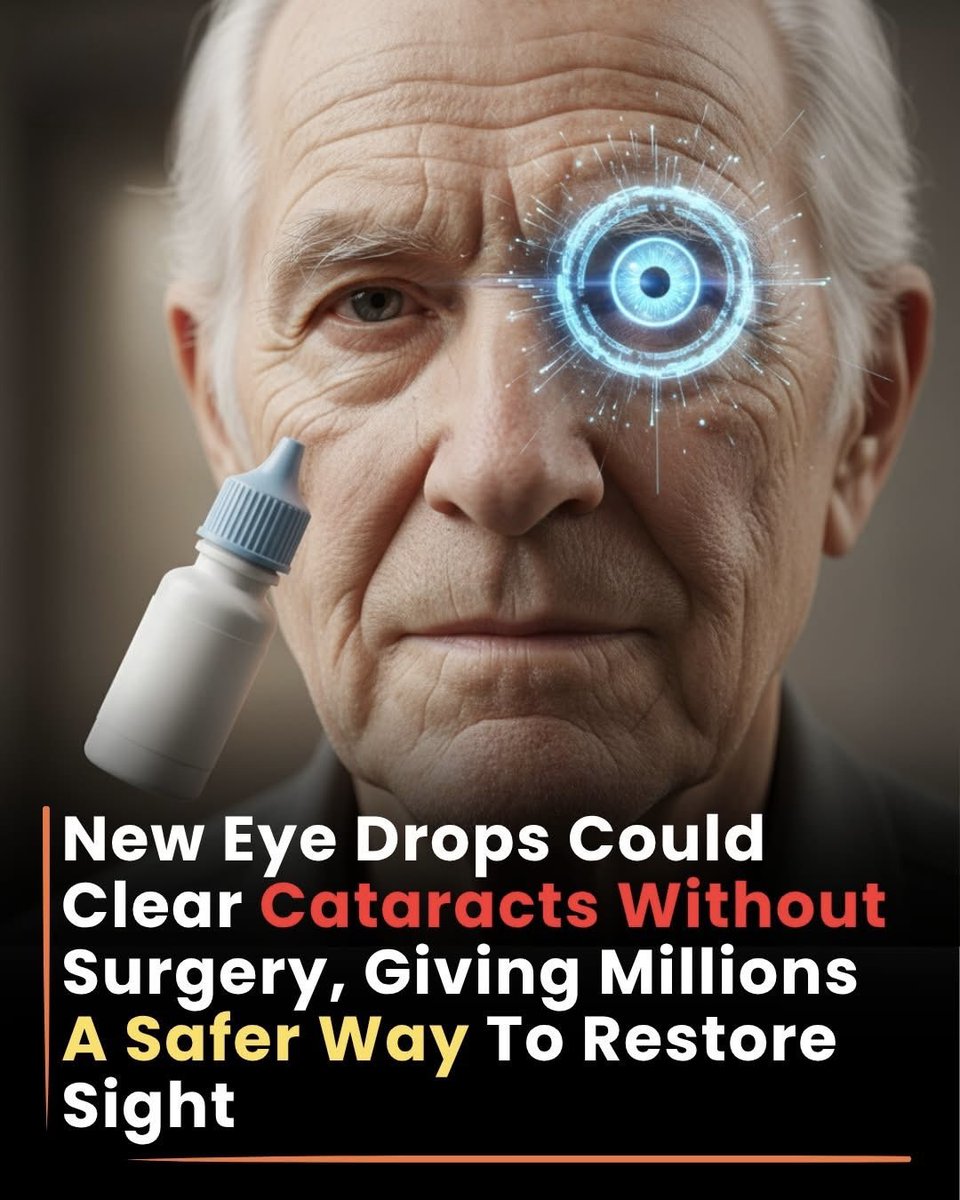 NextScience's tweet photo. 🚨 A Drop That Could Restore Sight..

What if cataracts could be treated without surgery?
Scientists have developed an experimental eye drop called VP1-001 that may help clear cloudy lenses by repairing protein clumps inside the eye. In early studies, many treated lenses became clearer and regained better focus.

While it's still being tested, this breakthrough could one day help millions of people around the world regain their vision with something as simple as a few drops.

Source : Anglia Ruskin University. Experimental cataract eye drop shows promising results in restoring lens clarity.