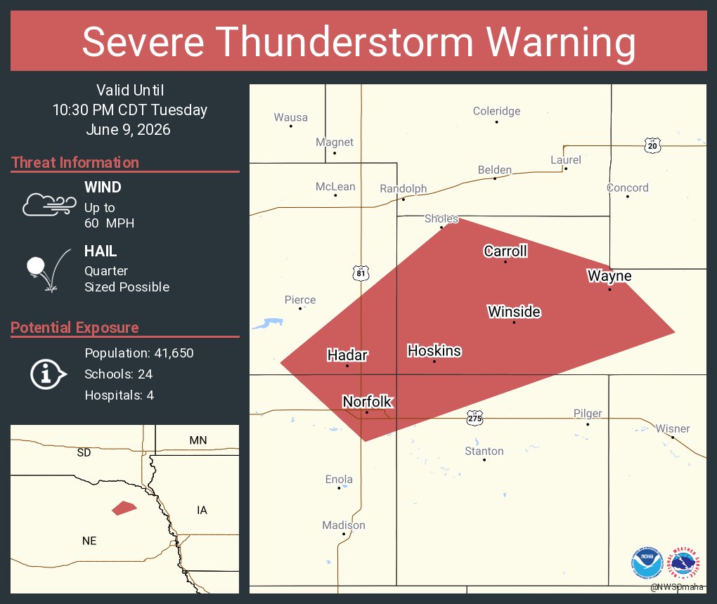 NWSOmaha's tweet photo. Severe Thunderstorm Warning including Norfolk NE, Wayne NE and  Winside NE until 10:30 PM CDT https://t.co/SZBy1duPdK