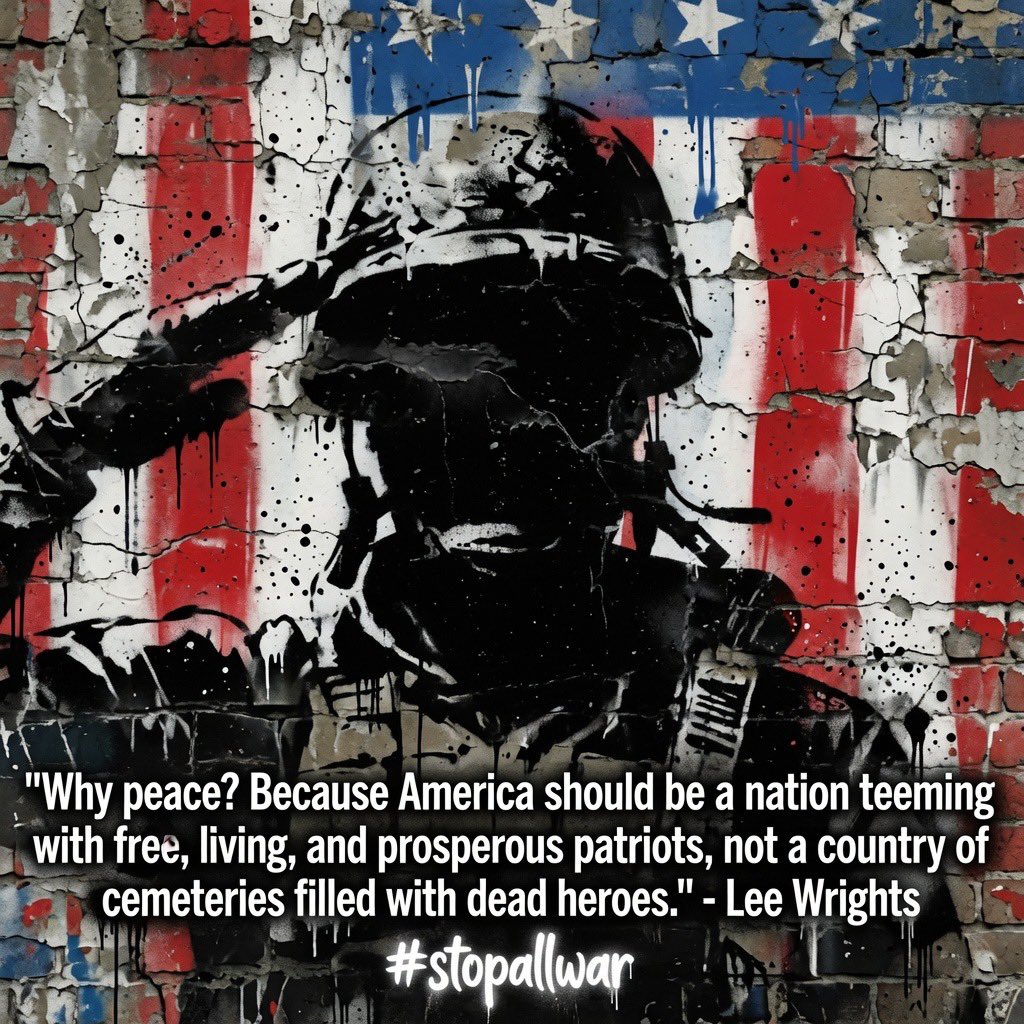 MaryRuwart's tweet photo. True patriotism isn’t sending young Americans to die in forever wars for empire or “democracy” abroad—it’s keeping government power in check so free people can build prosperous lives at home. 

The Non-Aggression Principle applies to states too: stop the interventionism, end the conscription machine, and let living patriots thrive instead of filling cemeteries with “heroes.” 

Peace isn’t weakness—it’s the foundation of liberty. #StopAllWar