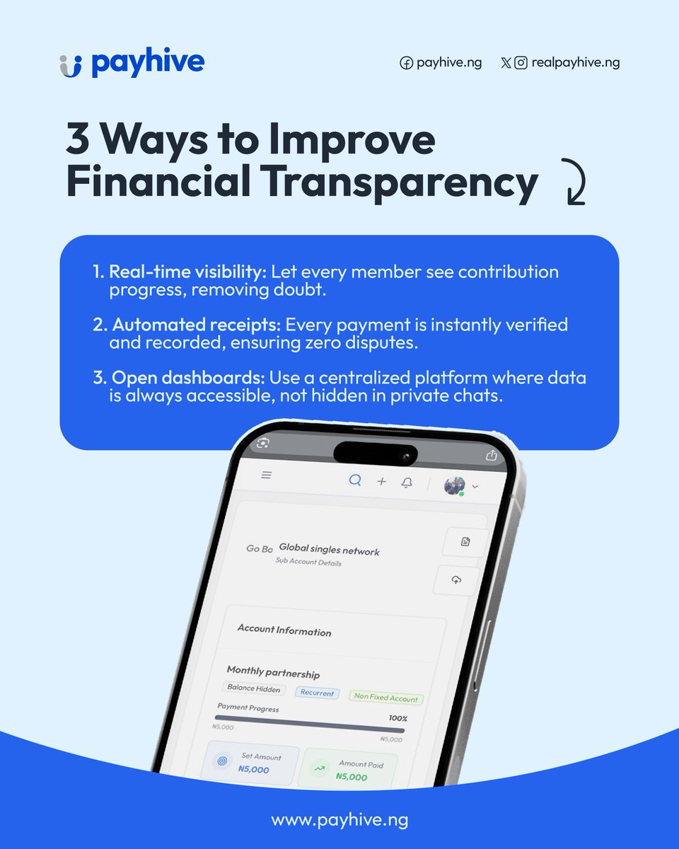 realpayhive's tweet photo. Trust doesn't come from promises.
It comes from visibility.

With Payhive, you get:
Less confusion.
More trust.
Stronger communities.

#PayHive #FinancialTransparency #CommunityFinance #FintechAfrica #DigitalPayments #trending #viralvídeo https://t.co/lChB0aX0zG