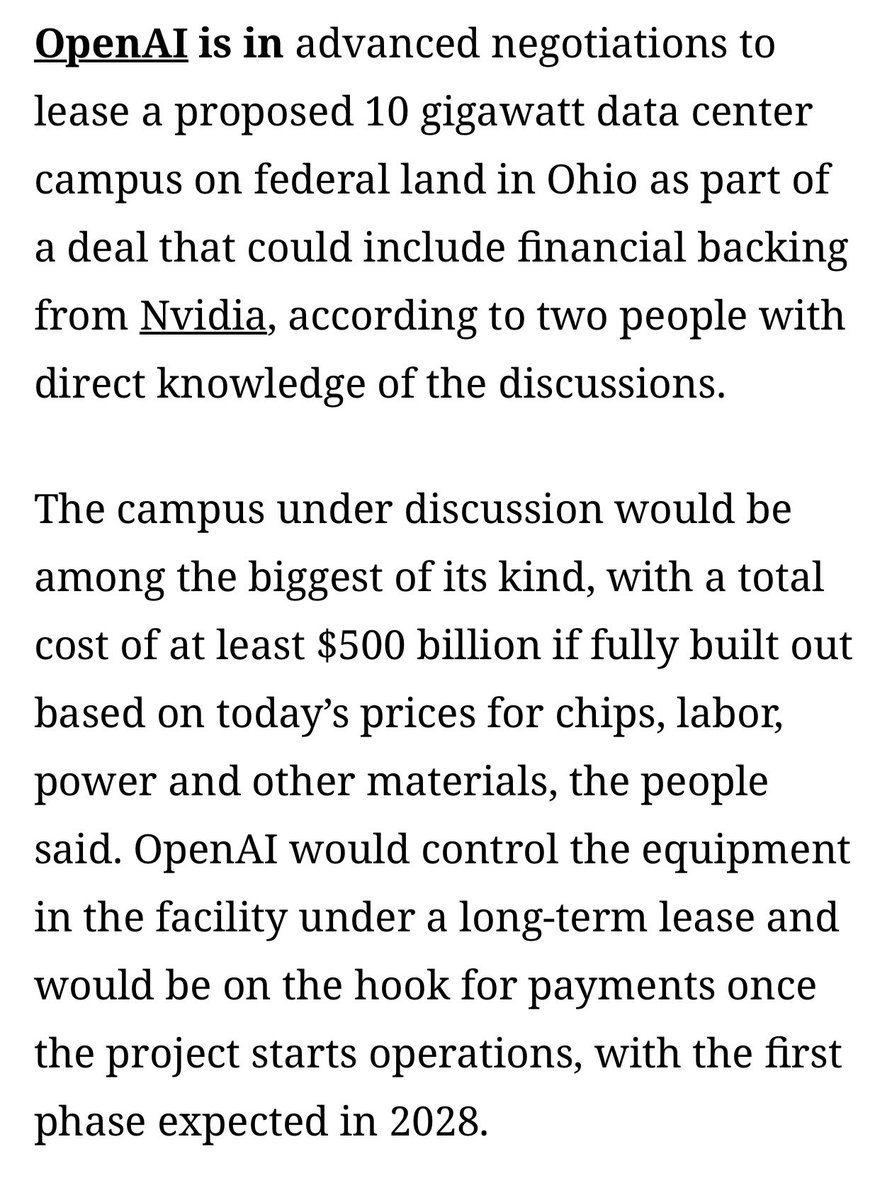 edzitron's tweet photo. The Information reporting that OpenAI is planning to sign a 20-year-long lease on a totally unbuilt and theoretical 10GW data center that NVIDIA would partially finance. Utterly farcical, we’re at the end of the line folks

https://t.co/OgK6sZ0juc https://t.co/FxKNsXhKGr