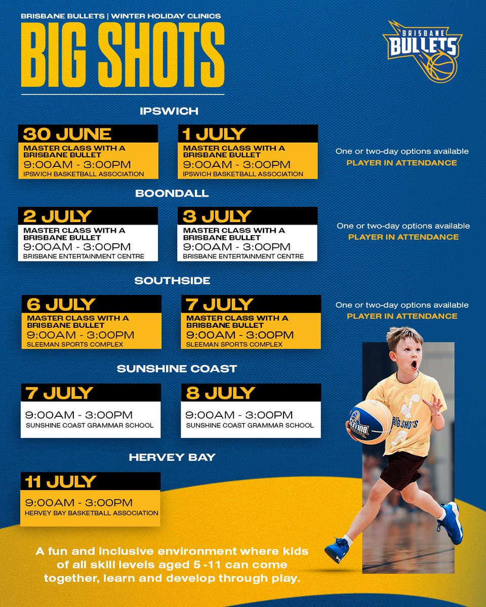 BrisbaneBullets's tweet photo. We're heading around the region this winter 🤩

Lock in the kids' holidays plans with our Big Shots clinics! Bullets players are set to appear across multiple locations 🙌

🔗 https://t.co/bhhAc3gA2t https://t.co/uf98nYBGHn
