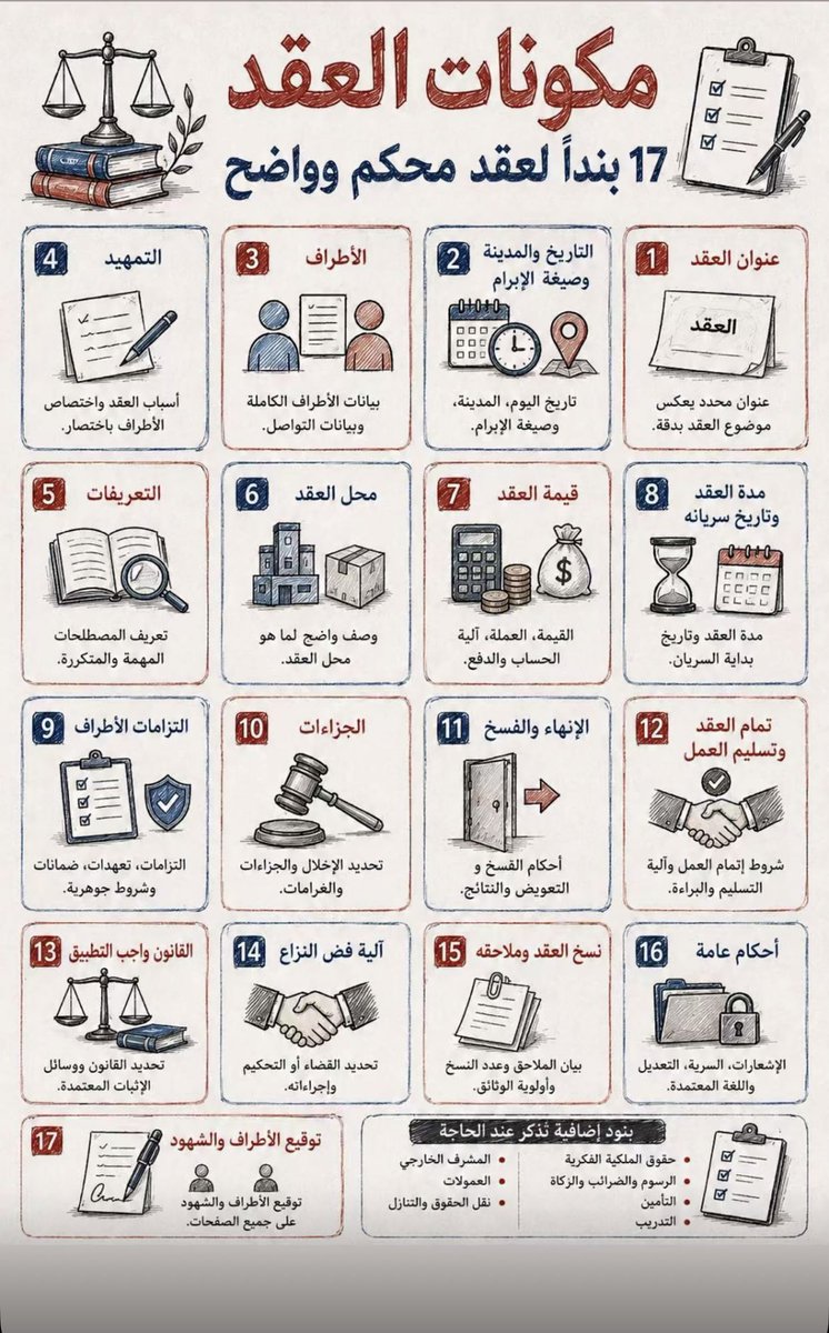 YqXje's tweet photo. العقد هو توافق إرادتين أو أكثر على إحداث أثر قانوني سواء كان هذا الأثر؛ إنشاء التزام أو نقله أو تعديله أو انهائه
ولا تقتصر صياغة العقد على النواحي الشكلية، وإنما تمتد إلى فهم الواقع الذي سيتم إبرام العقد بشأنه وفهم أطرافه ومراجعة الأنظمة والأحكام القضائية ذات العلاقة
#صياغة_العقد https://t.co/TyeYvRUQO6
