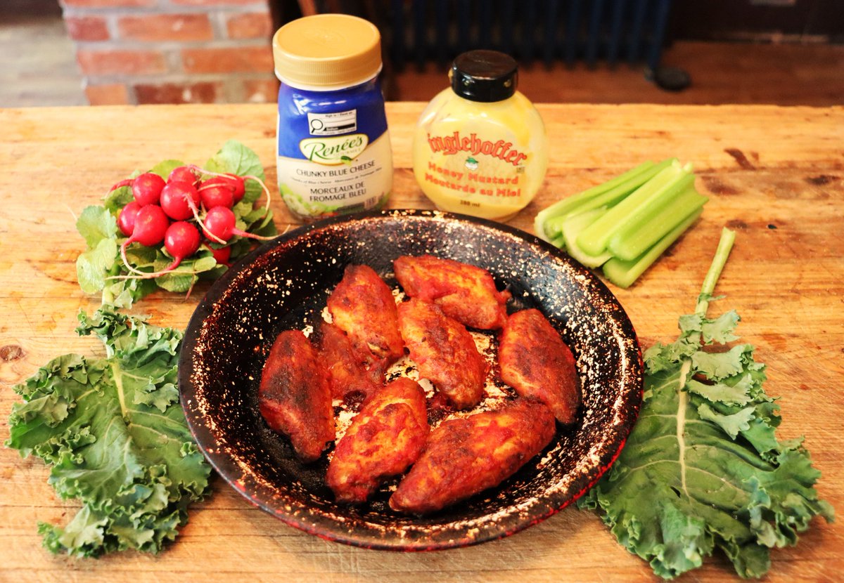 DustDeviltry's tweet photo. What a great night for snacking, what with the Blue Jays' brilliance against the Phillies and some fairly intense hockey. For me, it's butcher-baked chicken wings marinated in my homemade catchup, cooked on an enameled pan for minimal stickage. Dip sauce is Ingelhoffer honey mustard of Oregon. Veggie dip is Renee's Danish blue cheese salad dressing.🇺🇸🇨🇦⚾️🏒
