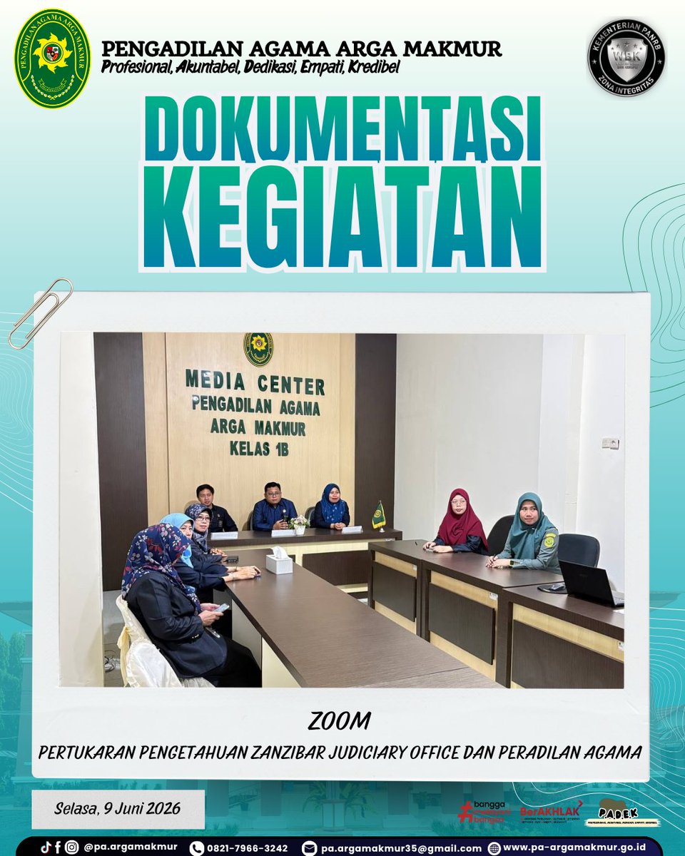 pa_arma's tweet photo. Pengadilan Agama Arga Makmur mengikuti kegiatan Zoom Meeting pertukaran  pengetahuan antara peradilan agama dan Zanzibar Judiciary Office yang  diselenggarakan oleh Dirjen Badilag MARI pada 09 Juni 2026. Kegiatan tersebut diikuti oleh pimpinan dan aparatur PA Arga Makmur. https://t.co/s8OKfZm6ox