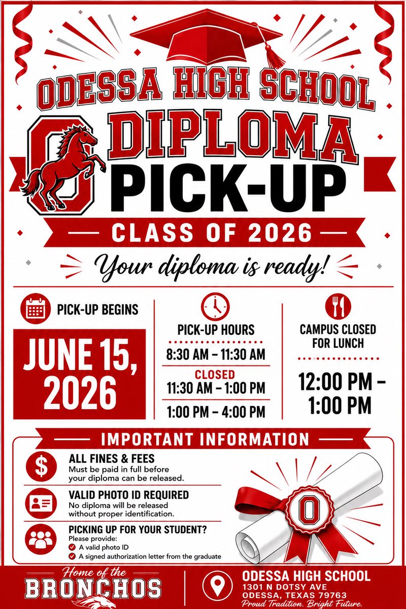 BigRedBronchos's tweet photo. Class of 2026, diploma pick up starts Monday! 🎉 https://t.co/0CWVEvDJMh