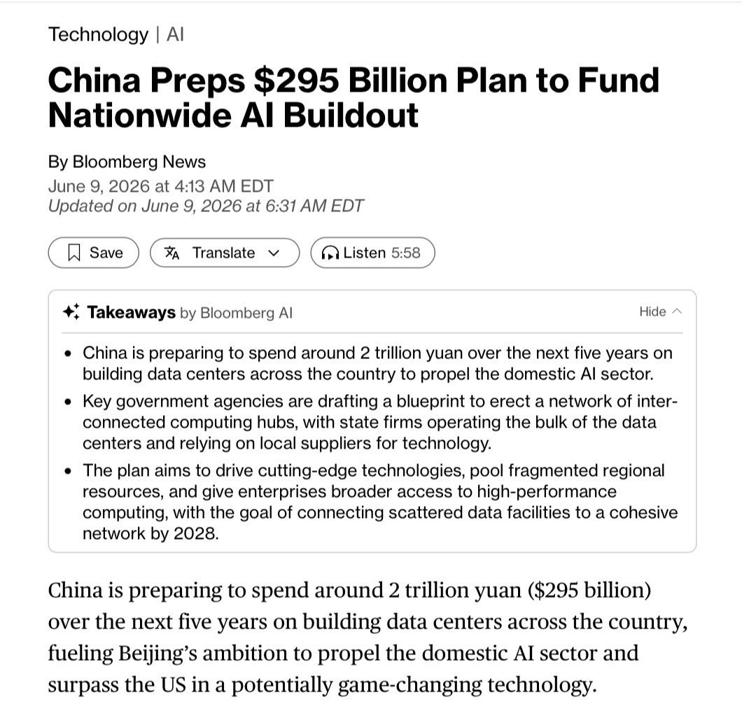AustralRes_En's tweet photo. China is preparing a massive infrastructure investment for data centers.

The Chinese government plans to invest nearly USD 300 billion over the next 5 years to boost its AI sector and cut dependence on US companies, such as $NVDA or $AMD.

This plan represents Beijing's most ambitious effort to date to lay the foundation for China's future AI development.

The budget does not include private investment from tech giants like Alibaba Group or Tencent, which could potentially raise the total projected investment to at least 5 trillion yuan, or USD 740 billion.

Chinese data centers generally cost less than those in the United States due to lower labor, component, and construction costs, as well as incentives from local governments.

The developments could also integrate heavy investment in communications infrastructure and the power grid to supply the data centers that will span the country.

AI data centers and the energy transition in general are rapidly decoupling copper from traditional industrial cycles.

With ore grades deteriorating, no new discoveries in years and demand charts turning vertical, there has never been a more compelling macro case for base metals.

Act accordingly.