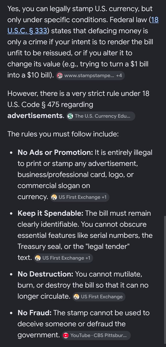 Chrisbea's tweet photo. @FadingFreedoms @EdKrassen @SecScottBessent It's not illegal to put a stamp on currency as long as it doesn't break some rule https://t.co/N7tmSEYs5H