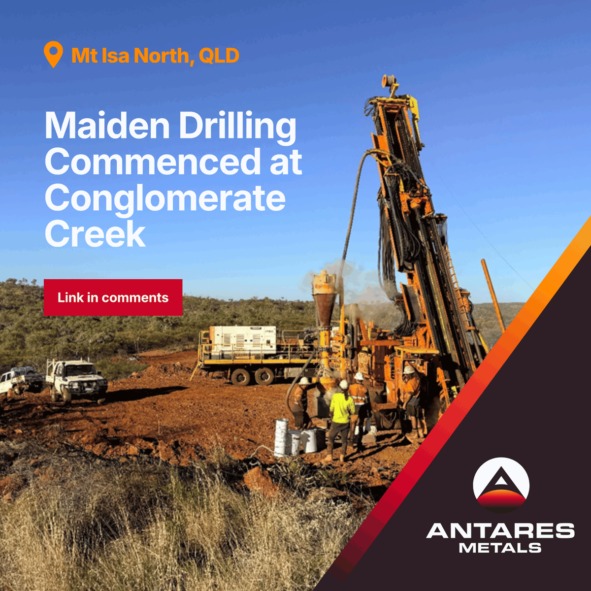 AntaresMetals's tweet photo. RC drilling has commenced at Conglomerate Creek prospect at Mt Isa North.

The maiden ~1,000m campaign will test a high-priority anomaly at the Cu-Au-Ag prospect, with rock chip results up to 21.30% Cu, 1.72g/t Au & 506g/t Ag (ASR0195).

First-pass drilling results will be delivered in the coming weeks.

Read the full announcement here: https://t.co/61JfQM3Dqm

$AM5 #ASXnews #copper #exploration