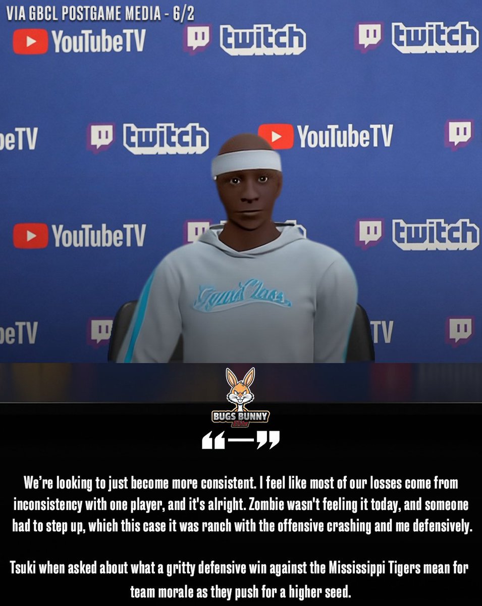 GBCLeague's tweet photo. GBCL™️ Postgame Media Interview (6/2) / Season 6
- Tsuki from Bugs Bunny Elite (66-59 Home Game against Mississippi Tigers) https://t.co/oqaedHrW23